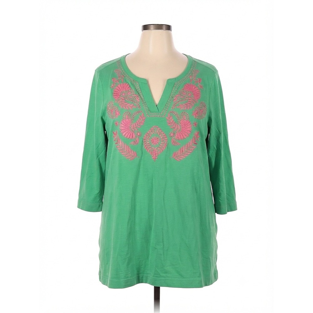 Bellissima Kim Gravel Green Embroidered Split V-Neck 3/4 Sleeve Boho Tunic 2X